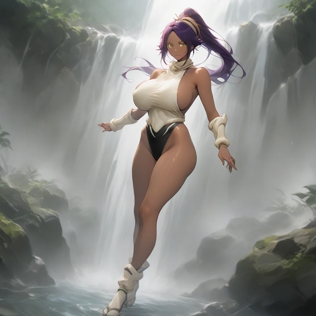 ((Full body photo, feet on the ground, front view)). Samantha/woman, she has very large breasts, is wearing black/ninja style bathing suits, extremely exhibitionist, extremely tight on the body. ((In the temple of Poseidon, with several waterfalls)). ((She has very short purple hair}, blue eyes, her hair and body are very wet)). She is staring at the viewer, smiling, holding ninja weapons, clenched fists, fighting position, flushed face, anime, mortal kombat, 16k, high quality, high details, award winning, highres, textured skin, anatomically correct, masterpiece, ccurate, UHD