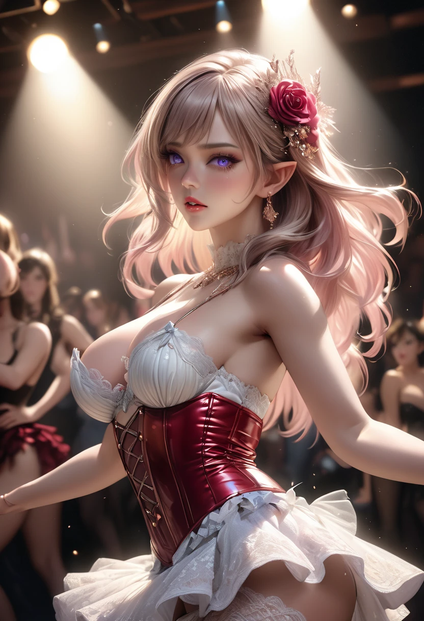 ( masterpiece:1.2),(best quality, high quality:1.1),
1girl, pink hair, ponytail hair, bangs,(aqua eyes:0.75),(red lips:0.8), (mascara:0.5), [<lora:edgCrystalDress:0.5>edgCrystal, wearing a dress made of crystals, wearing edgCrystal:<lora:black-diamond-style-darquelilly-v3:0.5>blackdiamondstyle, diamonds, gems, ,glitter, sparkling choker, onyx earring,onyx tiara, necklace, onyx jewelry, bracelet, armlet, gem, light particles,:25],(looking at viewer, standing, from above:1.1),, (huge breast, large breast:0.9),<lora:add_detail:0.93>,
(beautifully lit:1.1),  mythril haven, mythical landscapes, ancient tales, sanctuary of legendary heroes, blurry background