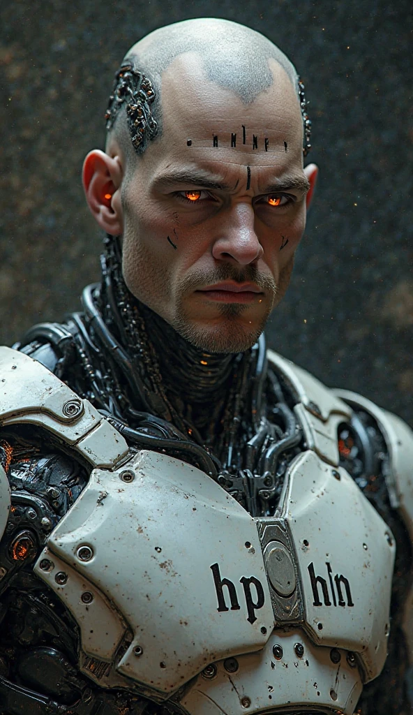 Cyberpunk photo, middle-aged man, cyborg, facial implants, muscular body, mechanical body, mechanical arms, mechanical skeleton, rusty armor, neon background, dark background, eye contact, looking at viewer, masterpiece, best quality, perfect detail , perfect face detail, perfect eye detail, perfect skin detail, depth of field, perfect lighting