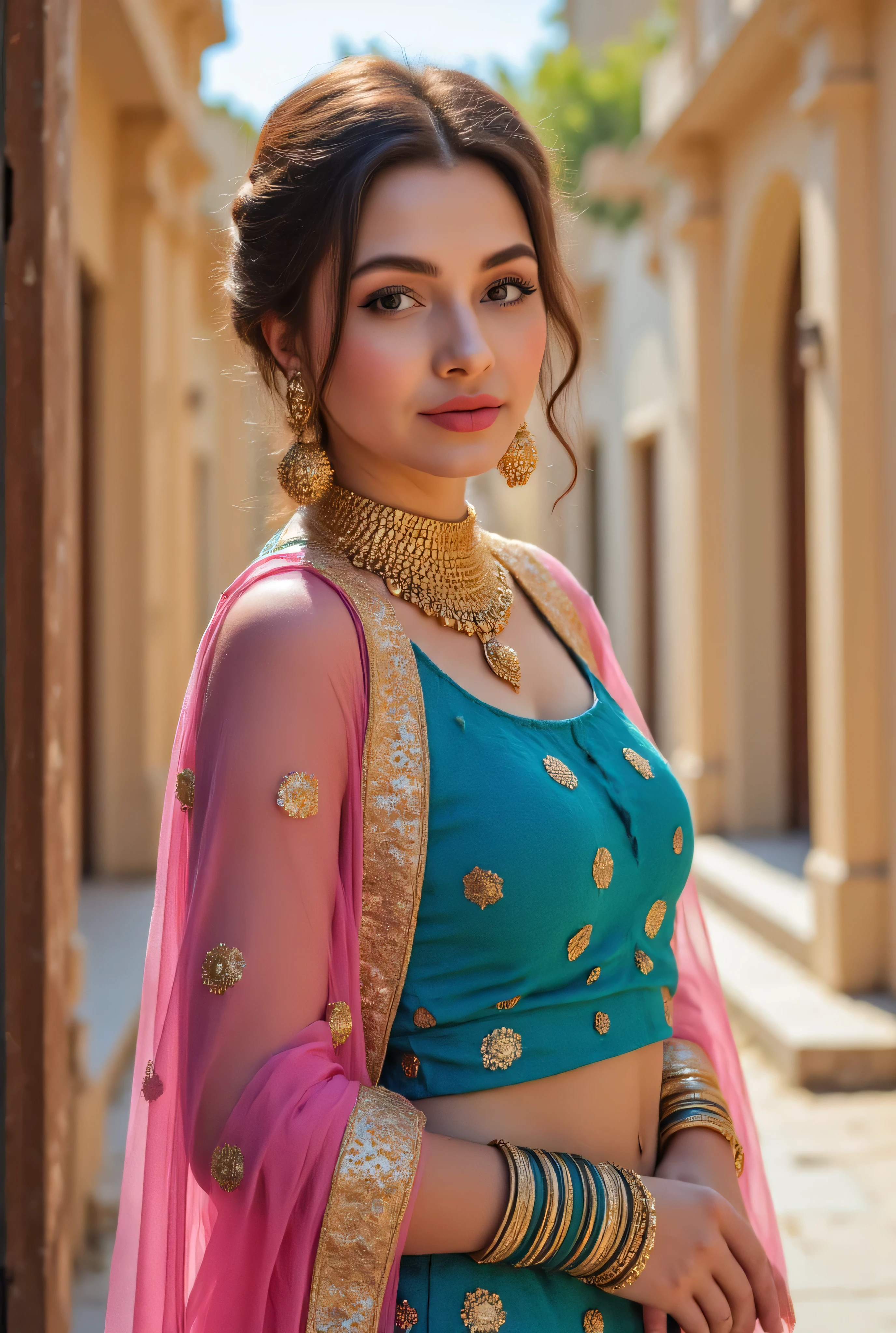 24 year girl in Indian village not modern village rural vibe wearing blue gujrati dress in hawa mahal jaipur in front of local people with smile on face showing cuteness in front of people with beautiful eyes An Indian princess with huge natural breasts revealing cleavage is wearing a pink and turquoise lehenga with gold embroidery and a pink dupatta on the head, adorned with heavy gold jewelry like a necklace and bangles. earrings, nose rings, septum, navel piercing, maang tikka, and bangles, wearing an Indian crown (Mukut), walking gracefully in a royal castle, full body, medieval India.