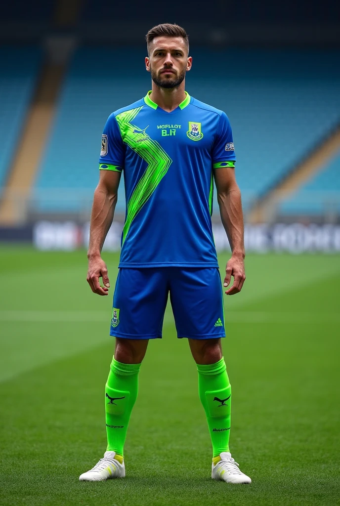 Soccer uniform with blue and green colors , with symbols of the sea and the grass 
