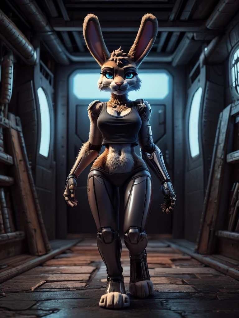 Bunnie Rabbot, cowgirl, huge bust, cleavage, wild west, smiling, corset, pink clothing, purple eyeshadow, green eyes, photorealistic, extreme detail, masterpiece, realistic, real world, (realistic fur, detailed fur texture:1.2), (steampunk), (mechanical steampunk arms), <lora:Bunnie Rabbot:1>