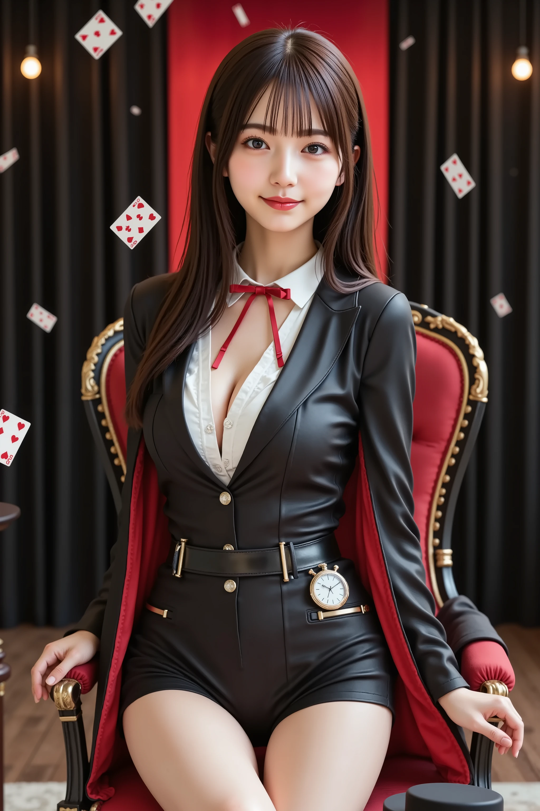 haruka, firm breast, ultra-high-resolution 8K CG illustration of a Japanese woman portrayed in a magician-themed portrait. She is seated on a black chair with brass rivets, positioned in front of a wooden table covered in red felt. A deck of standard playing cards is scattered across the tabletop, some mid-air, suggesting motion. Her entire head is fully included in the frame, positioned at the exact center both vertically and horizontally. She has defined, symmetrical facial features, pale skin, almond-shaped dark brown eyes, trimmed straight bangs, and long black hair that flows over her shoulders and chest. Her expression is calm, with a small closed-mouth smile. She wears a black tailored magician jacket with structured shoulders, red satin lining, and silver buttons. Underneath is a fitted white dress shirt, fully buttoned, with a red bow tie at the collar. Her chest is emphasized beneath the fabric, clearly shaped through the tight tailoring. She wears high-waisted black shorts with a silver belt and glossy black thigh-high boots with low heels. A short black cape with red lining hangs from her shoulders. A black top hat sits on the table beside the cards. She has on thin black gloves. Her hands rest naturally on her thighs. A silver pocket watch is clipped to her waistband. Her visible anatomy includes a realistically drawn penis between her legs, integrated with accurate texture and consistent lighting. The background is a magician’s stage: black curtains with gold trim, vertical stage lights along each side, and a red spotlight above. Dust particles are visible in the beam. The lighting is angled from above and slightly to the front, casting controlled shadows and defining surface contours. The entire image uses Unity-style rendering with crisp edges, texture mapping on fabric, skin, and metallic elements. The composition is symmetrical and stable, designed as a full 8K portrait, focused on the subject and props within the magician’s setting.