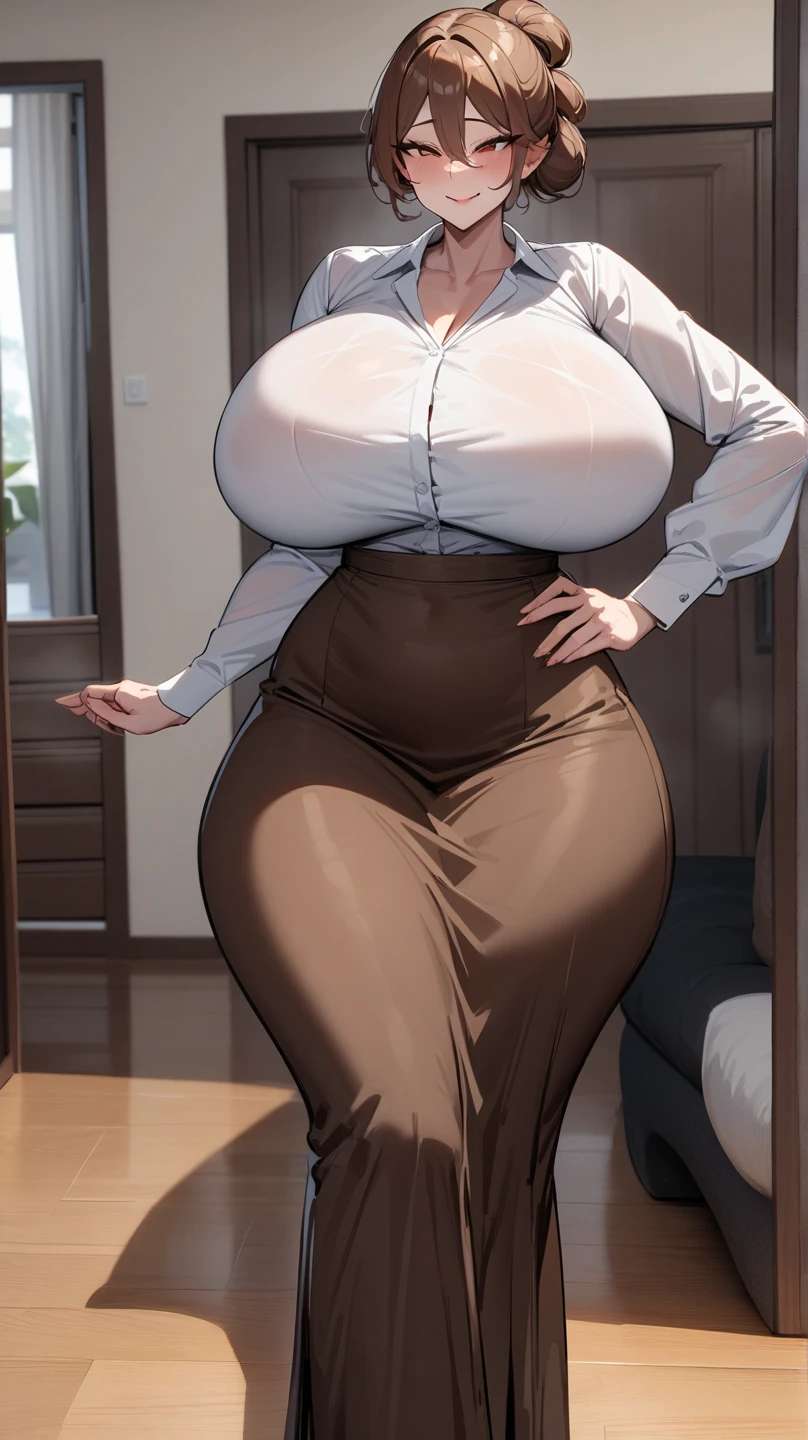 Nerdy woman, thick glasses, messy hair, gigantic breast, extremely wide hips, buttoned up shirt and long skirt