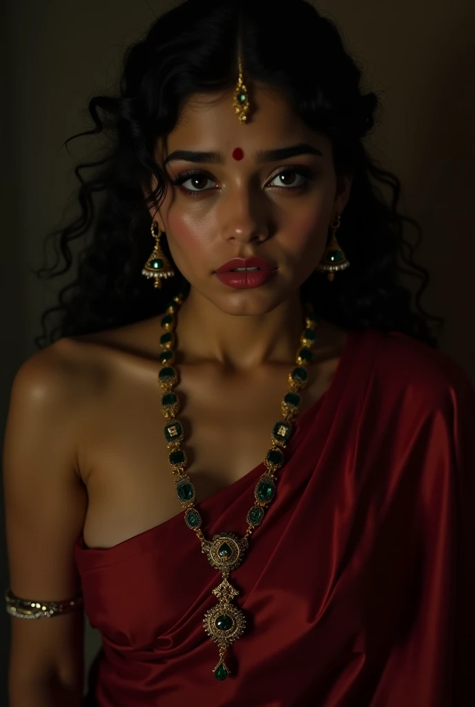 Highly detailed CG Unity 8k wallpapers., Highest quality, Masterpiece, (realistic, realistic:1.1), Ultra high resolution, (Beautiful young Indian woman in traditional Indian dress Wear gold jewelry and precious stones.), Inside a marble room decorated with patterns in an Indian castle., perfect female figure, Very amazing, Breathtakingly beautiful faces, enchanted goddess, beautiful lips, shiny skin, cinematic composition, Professional warm light and shadows, ((Very detailed eyes and face, Eyes with beautiful details, The skin is incredibly fine and realistic.)), (Full view of the camera) information