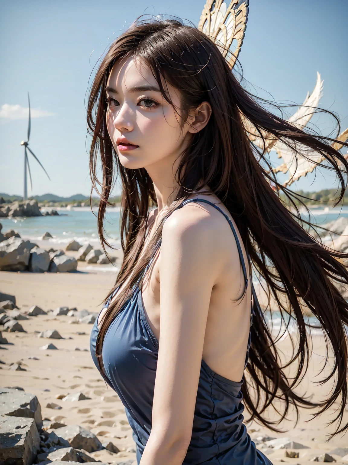 (highest quality:1.1)、(Photoreal:1.1)、(photograph:1.1)、(very detailed:1.1)、viewer、bangle、Jade Bracelet、Jade Earrings、Iracidium chest、beautiful detailed girl、(very detailedな目と顔)、(shine light on the face)、jade necklace、Ultra Micro Bikini in White、(alone:1.2)、(along the coast、Palm tree)、(Skin glowing in the light of the setting sun)、See-through、NSFW、light brown eyes、(((Hair fluttering in strong winds)))、((Anatomically perfectly balanced style))、cute pose、sexy pose、body like big blue eyes、reddish brown hair
