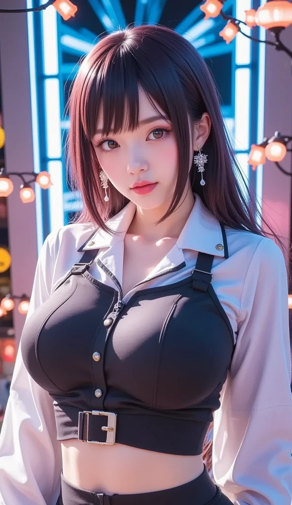 (8k, RAW Photos, highest quality, masterpiece: 1.2), (Very detailed)、(Super Resolution), (Genuine, Genuine photos: 1.37), Portraiture, (High-quality RAW color photos),(Professional photos),(Very detailedで美new),Very detailed, (8k wallpaper),(Amazing details),(Large file size),(Official Art), Very detailed CG Unity 8k wallpaper, (Very detailed beautiful girls), Very detailed (顔Very detailedな目),(Very fine skin),(Very detailed fingers), Very small nose, Very detailed detailed mouth, Perfect Anatomy, Detailed Background, (High Quality Clothing),(23 years old),(cute girl), (Genuineistic body),(White skin),(Glowing Skin),  (Blunt bangs: 1.2), (smile),(cute),like々new, (cute face),(Genuineistic face),(delicateな目),(Saggy eyes), (Miniskirt Maid Cafe Costume)、(White shirt)、(Pink pleated super mini skirt)、Earrings, Looking at the camera, (Dynamic Lighting), (G-cup breasts),(Big Breasts),(Colorful Stage Background)、(Dynamic dance pose 1.2)、(Has cleavage )、(Pink and Black Theme 1.2)、(delicate, Plump and moisturized lips)、(Fishnet tights)、(Thin legs)、(Get noticed)