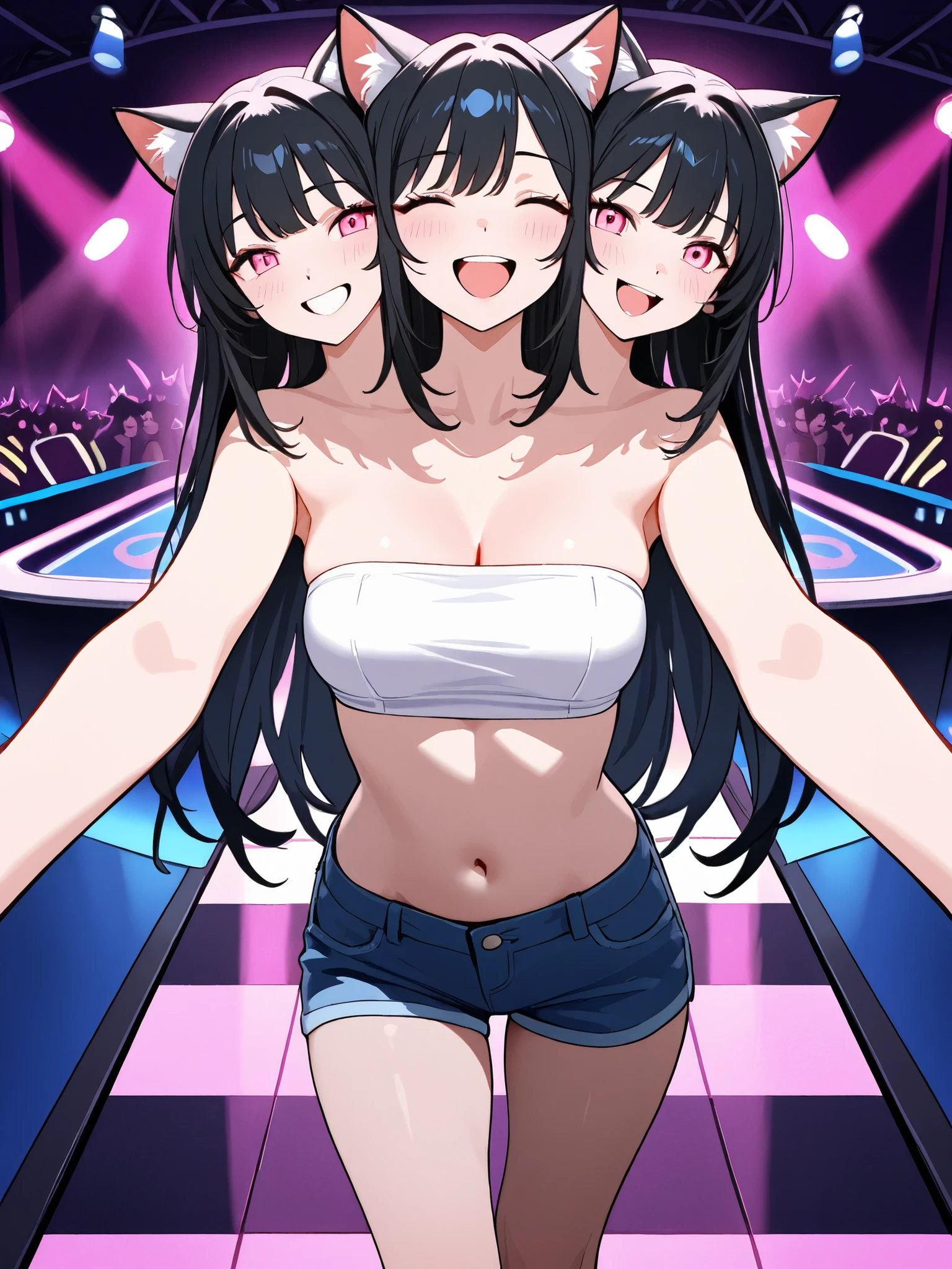 anime catgirl with three heads, black hair, cat ears, pink eyes, smiling, giggling, friendly, inviting, white tube top, blue short pants, nightclub, dance floor