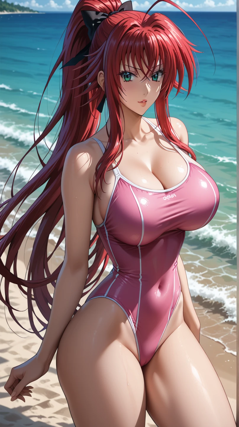 masterpiece, best quality, highres, rias gremory, 1girl, long hair, red hair, ahoge, blue eyes, large breasts, very long hair, breasts, huge ahoge, beach, micro bikini,beach, micro bikini,