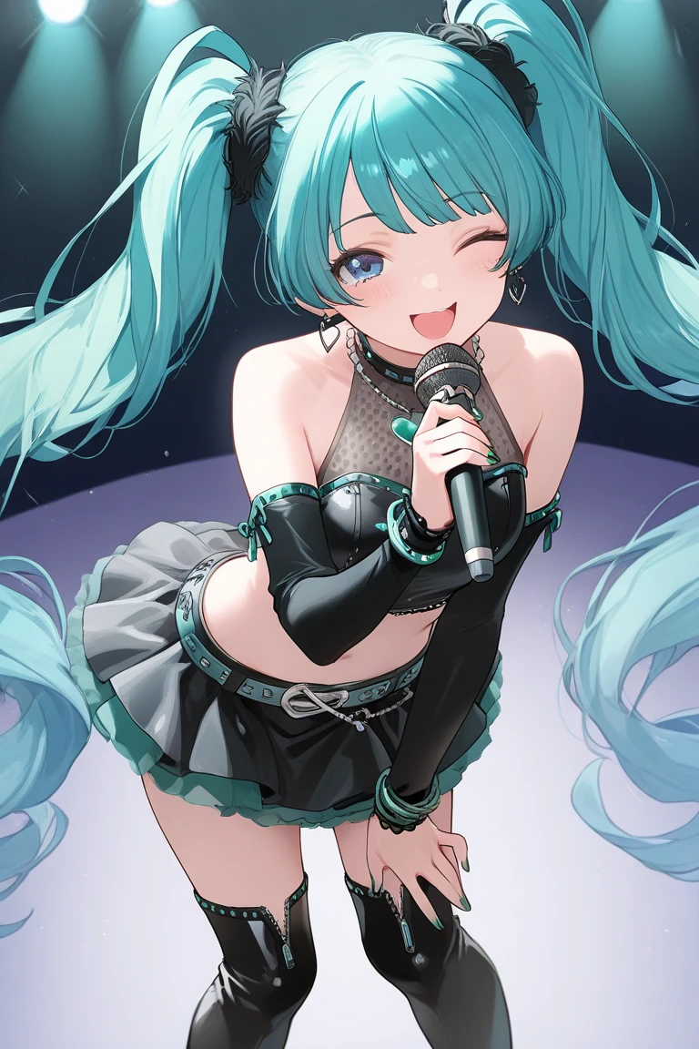 illustratio、cinematic scene、hight resolution、best qualtiy、ultra-detailliert、A detailed face、(A detailed eye)、top-quality、ultra-detailliert、​masterpiece、(详细的脸)、Beautiful face、The best smile、Sexy mature woman transparent(Cute T-shirt)cloths、Floating cloth、see -through、a choker、、D-cups、cleavage of the breast:2、NSFW、high-heels、random eyes、Random haircolor、Neon small shiny hair ends、a frilled miniskirt、AI Fantasy Concert、Shining lighting with neon details、Hold the microphone with your left hand and sing:15、Dark Magic💕、(Live Stage:1.15)To the audience in the background、 Stick your butt out and sing、light reflections、Heart-shaped iris、playful eyes、Open shoulders、Sateen、(a wet body)、Small glowing butterfly、Hair Jewelry、pantiy、((Cute embroidered white string panties))