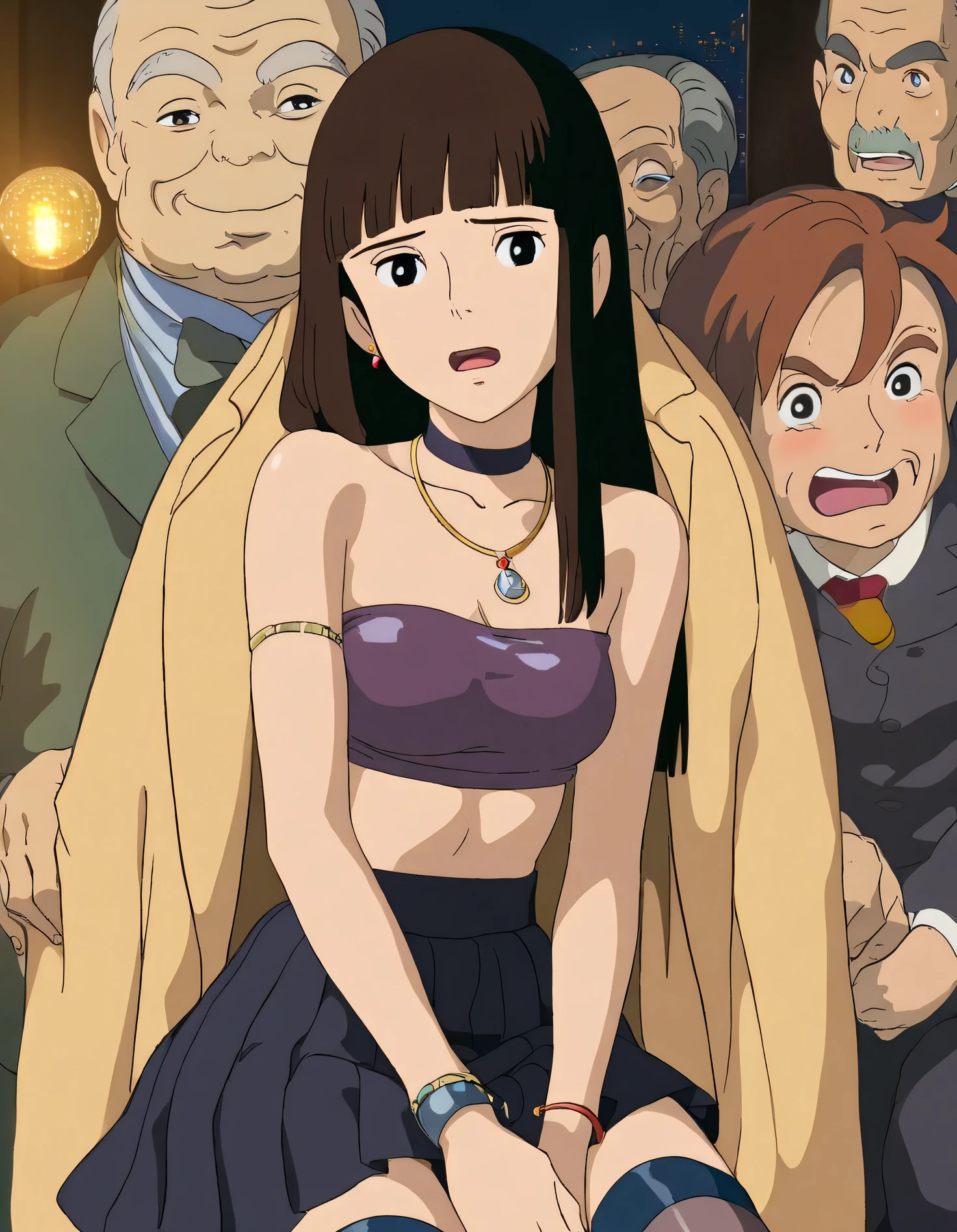 Studio Ghibli, hand-drawn animation style, masterpiece, high score, long brown straight hair, girl, wearing bandeau tank top, pleated miniskirt, medium , skinny, italy,night, late evening, porn, hot, choker, necklace,stockings, club, crowded club. many old man in the club, modern sofa, disco club, discoteque, photo taken from distance, close view, sitting in front, sex