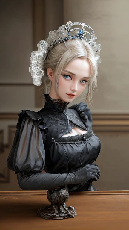 absurdres, RAW photo, extremely delicate and beautiful, masterpiece, Best Quality, ultra high resolution, 32k, hyperrealistic, ultra-detailed, detailed description, pale skin, 20 years old, tearful mole, earring, Colossal tits, short medium hair, wavy hair, full body shot, alone, Victorian, dress,