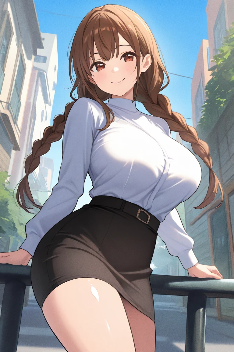 masterpiece, best quality, Ridiculous, perfect anatomy, 1 girl, alone, Qing Karuizawa, Hair ring, golden brown hair, high ponytail, gray long sleeve sweater, Gray ribbed sweater, long sleeves, black high waist pants, silver necklace, large breasts, hourglass figure, Thin waist and thick hips, Tik, wide pelvis, Pelvis larger than shoulder blades, Alluring with a smile, rosy cheeks, Outdoor activities, City