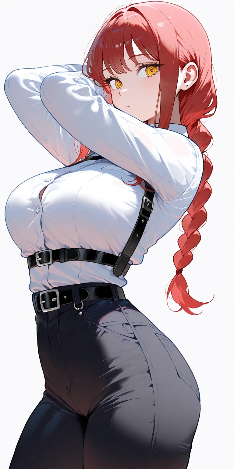 a tall woman huge big breast happy sexy beauty tenderness red hair two long wavy braids her light red eye big black eyelash she wears a white shirt underneath a short black vest shows her navel and shiny black pants wearing a black belt blue boot, anime
