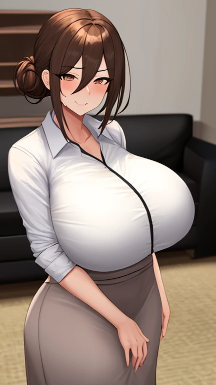 (超High resolution,4K,Very detailed, photograph, 8k, High resolution, High resolution, Absurd:1.2),25 year old Japanese woman,Black Hair,Beautiful character design,Beautifully detailed eye depiction,Perfect Face,Expressive eyes,Brown eyes,Please smile with your teeth showing,bunker,A business-style collared shirt that fits snugly against the skin,Fitted Spandex Apricot Pencil Skirt,(Huge breasts:1.2),Tight waist,Mature Woman,Natural smile,In the living room,evening
