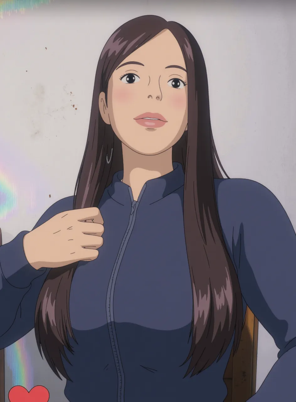 nicorob, slicked back hair, large breasts, mature,neon shirt, open jacket, crop top, long hair, fromt view