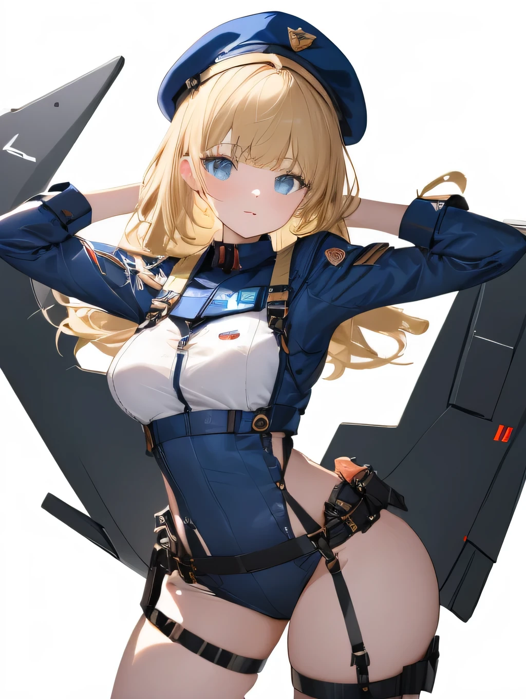 ((Best quality, 8K, Ultra-detailed, Masterpiece: 1.3)), 3 girl, Shiny skin, Sharp, Perfect body beauty, realistic shadow perfect body,("Dark grey and deep blue navy officer uniform,beret,futuristic,Transparent ":1.2),Big_Breasts ,Young girl, short girl,upper legs , indoors, White background,cleavage, standing arms down, fighter pilot harness,M legs, your ass, ("ahoge,Blonde long hair":1.5), portrait shot,(" no background,no object":2)