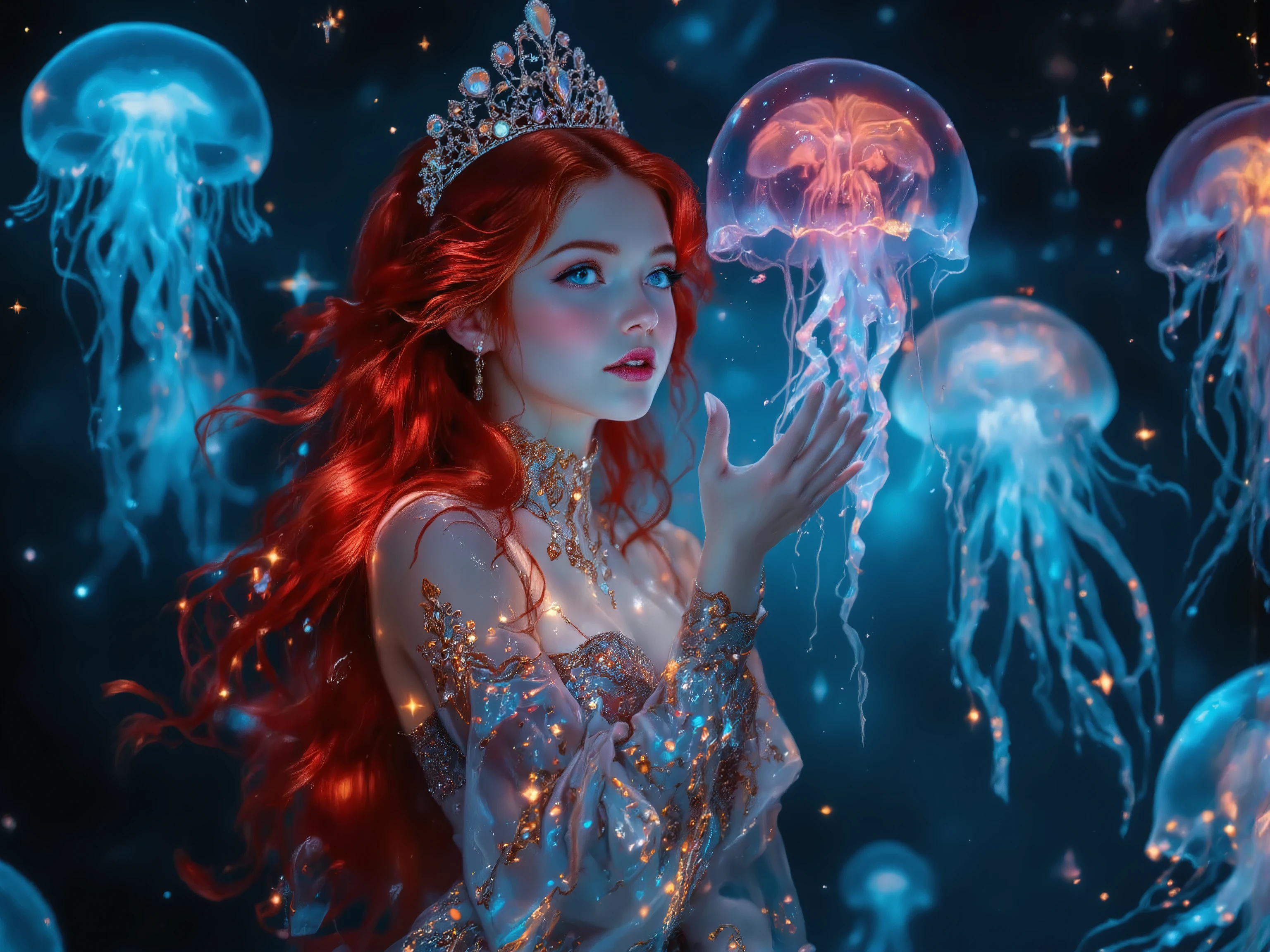 ((face forcus:1.5)),from front,Jellyfish and Mermaid,beautiful Mermaid girl,solo,red long shiny hair,Tiara,looking,Catch with her hands,ガラスのような beautiful 半透明 jellyfish,rising neon lighting jellyfish,光の軌跡,starry stars in deep sea,Mysterious atmosphere,feminine,Illuminated face,dynamic pose,dynamic angle,dramatic,cinematic lighting,((ultra-realistic,as realistic as possible,cinematic quality,top quality,masterpiece,High sensitivity,High Resolution,detailed depiction,16k,8k,hyper realistic photo,beautiful detailed,High Definition,high detail,realistic,high detail)),jwst stars,sheying