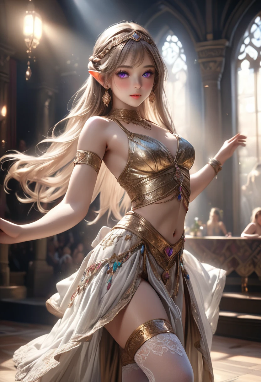 Elf, white skin like china, 20-year-old woman, medieval fantasy world, blurred background, dynamic angle, side-string, pierced ears, thin white cloth wrapped around body, live action, f/1.8, 85mm, canon, high detail, high resolution, 8k, 16k, covering breasts with cloth, covering waist with cloth, bathing, not wearing clothes