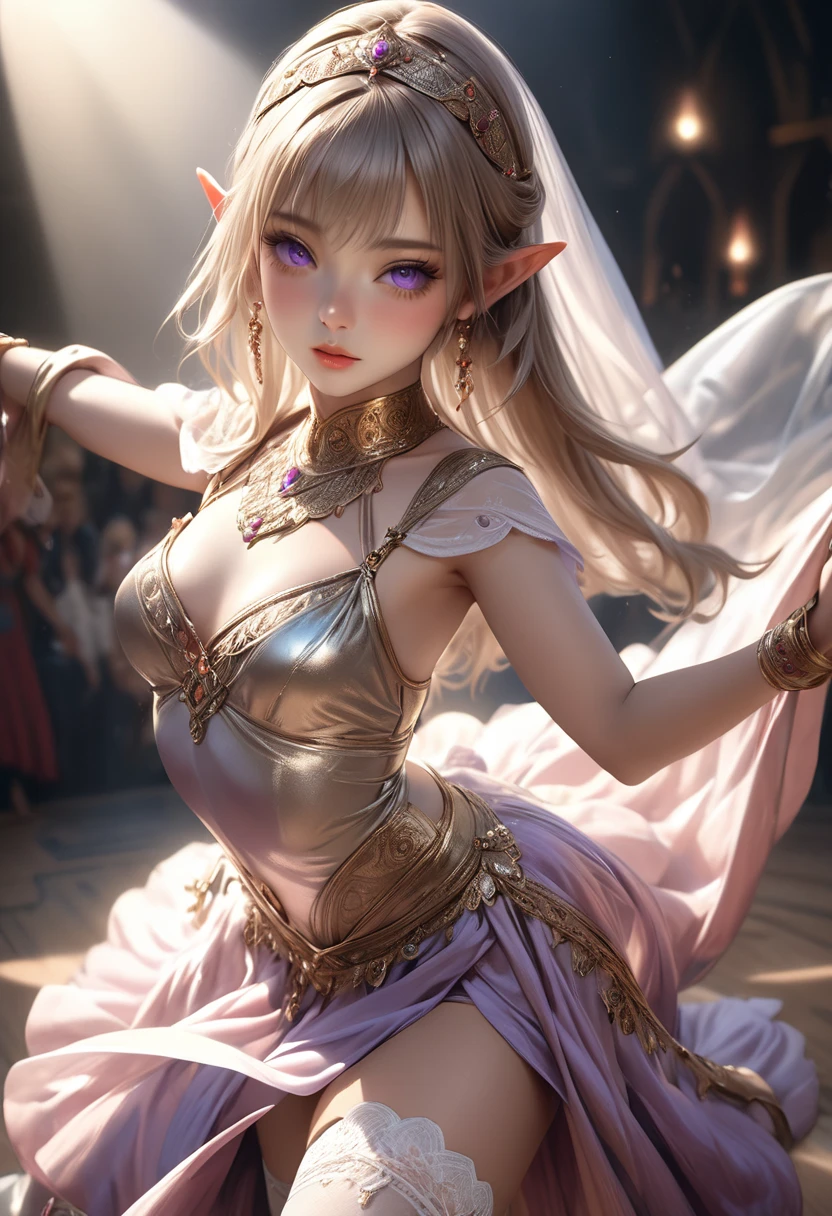 1female, (((pole dancing))), 24yo, (white wedding dress, short, open stomach, wedding veil, wedding bjd,), pole dancing, lace white lingerie, platinum blonde women, (elf ears), sweating, large breasts, prominent tits, beautiful face, detailed eyes, earrings, bellybutton piercing, body chains, rings,（masterpiece）, (Very detailed CG unity 8K wallpaper), best quality, detailed background, (strip_club_venue:1.6, stripper pole in foreground, female strippers in the background, moody background, dark background, UndergroundClub), color,