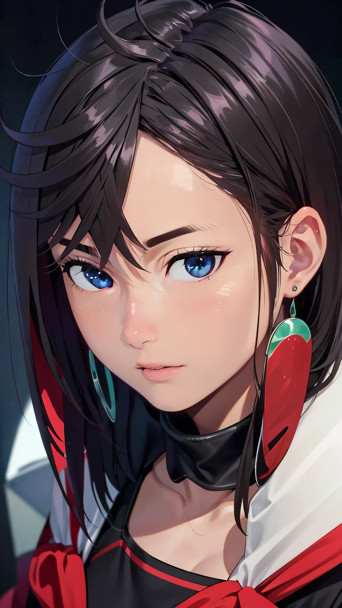 (Best Quality,4K,8K,hight resolution,masutepiece:1.2),Ultra-detailed,(Realistic,Photorealsiticです,Photorealsitic:1.37),beautiful detailed blue eyes,long black hair in a high bun,detailed red veil,Portrait,Sharp Focus,Professional,Vivid colors,Dark background,Studio Lighting、fully body photo