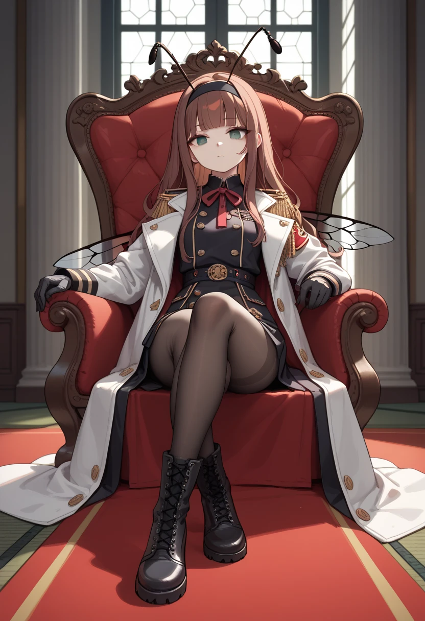 (highest quality:1.2, Very detailed, Latest, Vibrant, Ultra-high resolution, High Contrast, masterpiece:1.2, highest quality, Best aesthetics), 1 Female, Woman in military uniform, White bodysuit, Knee-high boots, Detailed equipment, Equipment attached to a belt, Extremely high quality weapon representation,, Glare, Long black hair, Flowing Hair, Shout, Intimidation, ambition, Sit in a luxurious chair, Sky curtain, Very delicate ornament, Red interior, Tapestry hanging on the wall, The light shines through, Dark Color Palette