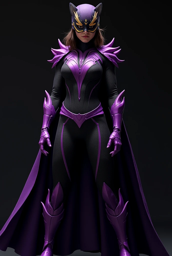 (photorealism:1.2)
a purple Power Ranger, she is seductive and her body is curvaceous and perfect. She’s extremely evil and sexy. Her power ranger helmet has horns on it. Her suit has some resemblance of the mighty morphing suit. Pay close attention to the details and fabric of the mighty morphing suit.