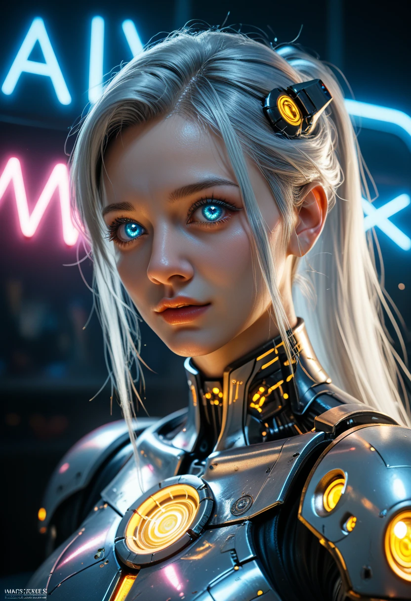 Beyond_Realistic, glowneon, a robot girl, blue, yellow, Beyond text