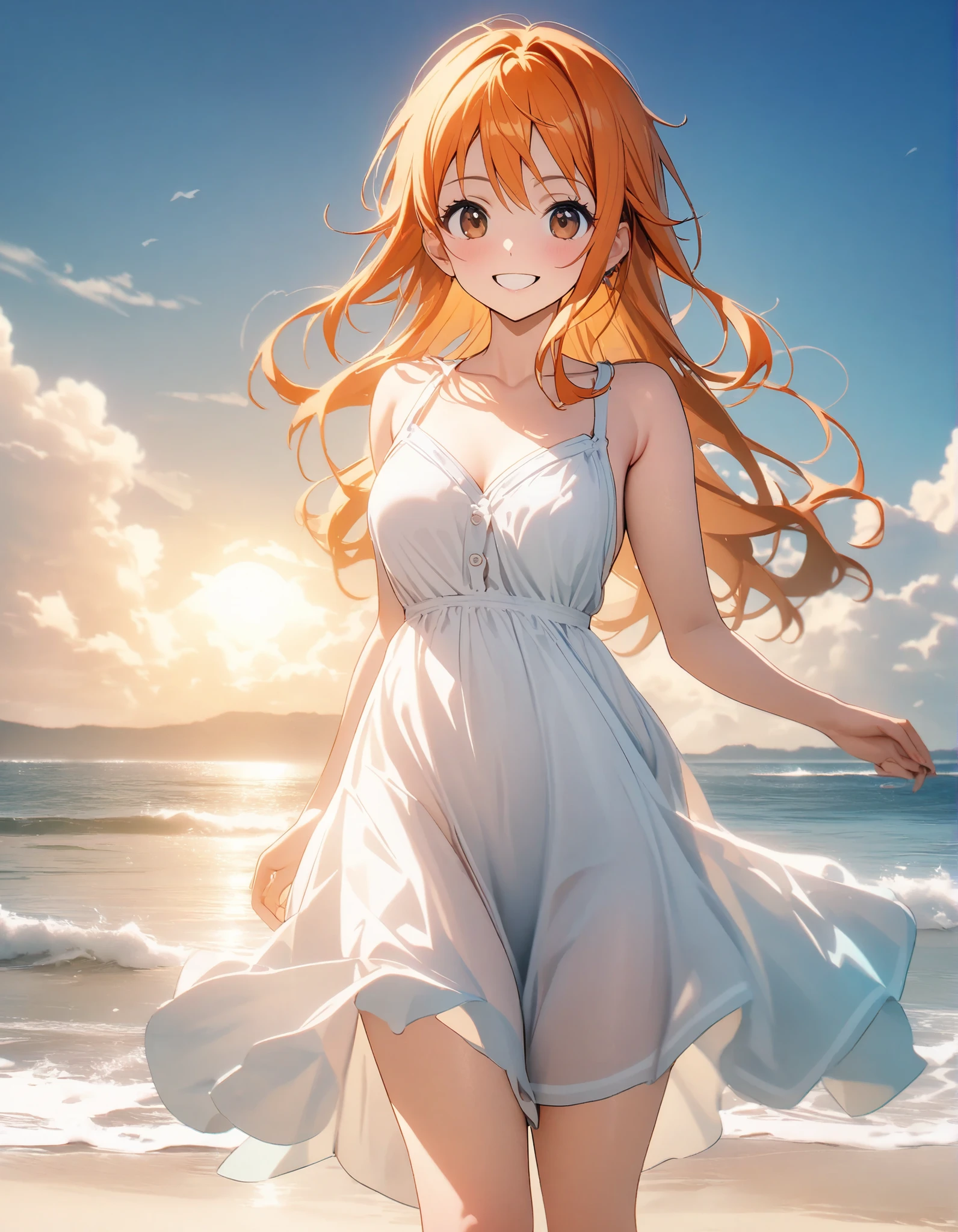 8k,masterpiece,highest quality,Women,Nami,orange hair,on the beach,On the beach, walking barefoot on white sand, wearing a bright summer dress, a smile reflecting happiness, the sun reflects on the surface of the water,While the waves gently touch their feet, in the background the blue horizon can be seen with soft white clouds, bringing an atmosphere of calm and natural beauty