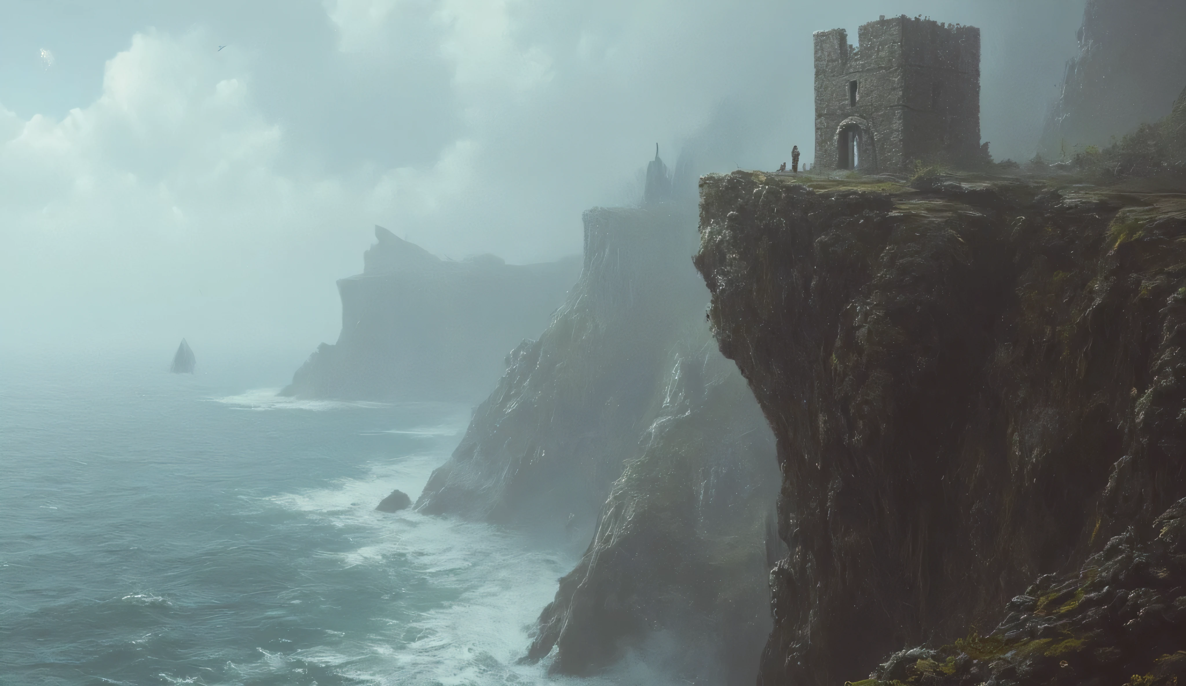 sole old stone watchtower on edge of a cliff