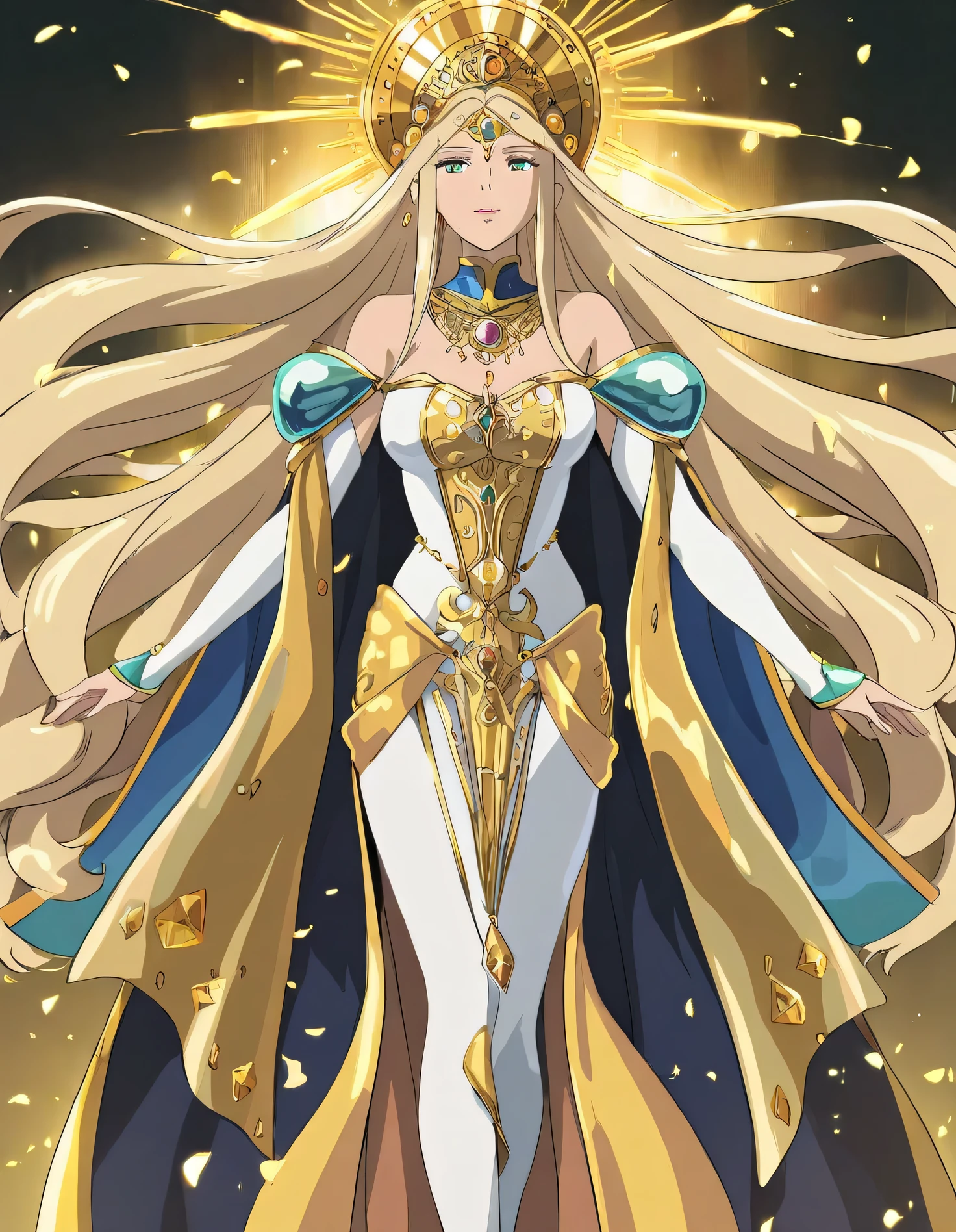 Studio Ghibli, hand-drawn animation style, masterpiece, high score, Ethereal celestial priestess, blonde hair with gentle curls, striking emerald eyes, wearing an ornate white and gold ceremonial gown with flowing fabric and intricate golden filigree. Golden headdress with sun motifs, holding a luminous golden scepter raised above her head. Adorned with delicate jewelry and golden embellishments around the waist and shoulders. Background features warm amber light, floating golden particles, and petals creating a magical atmosphere. Sophisticated anime style, highly detailed, elegant composition, soft lighting, divine aura, 8k resolution, masterful fantasy illustration.
