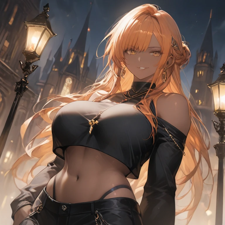 (masterpiece), (highest quality), (illustration), (super detailed), (high resolution), absurdity, 1girl,maple \(bofuri\), itai no wa iya nano de bougyoryoku ni kyokufuri shitai to omoimasu,fantasy town,high ,castle walls,night,blush,smile,cowboy shot,big breasts,cleavage,outstretched hand,long hair,orange hair,blue eyes,leotard,pointy ears,elbow gloves,thighhigh heels