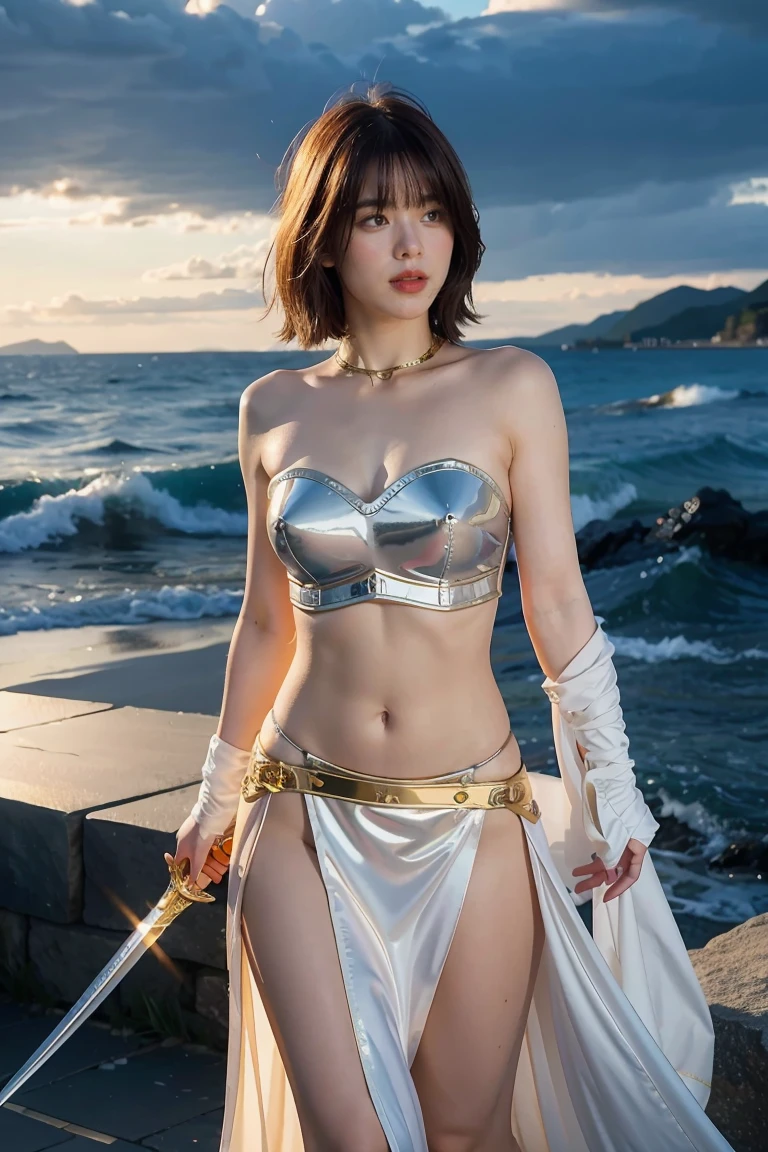 a warrior girl, circlet, bikini top, pelvic curtain, loincloth, earrings, bracelet, high resolution, cinematic, raw photo, masterpiece, intricate, beautiful face, beautiful lips, looking at viewer, tight cleavage, colossal tits, smiling