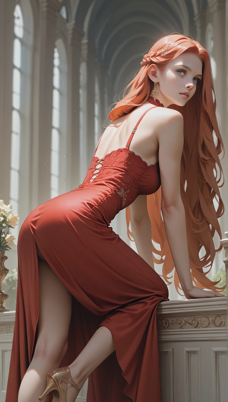 High Definition, (better detail) (Best Quality), Redhead woman posing for a photo with long red hair bushy breasts and green dress, mature and beautiful, Natural light and shadow