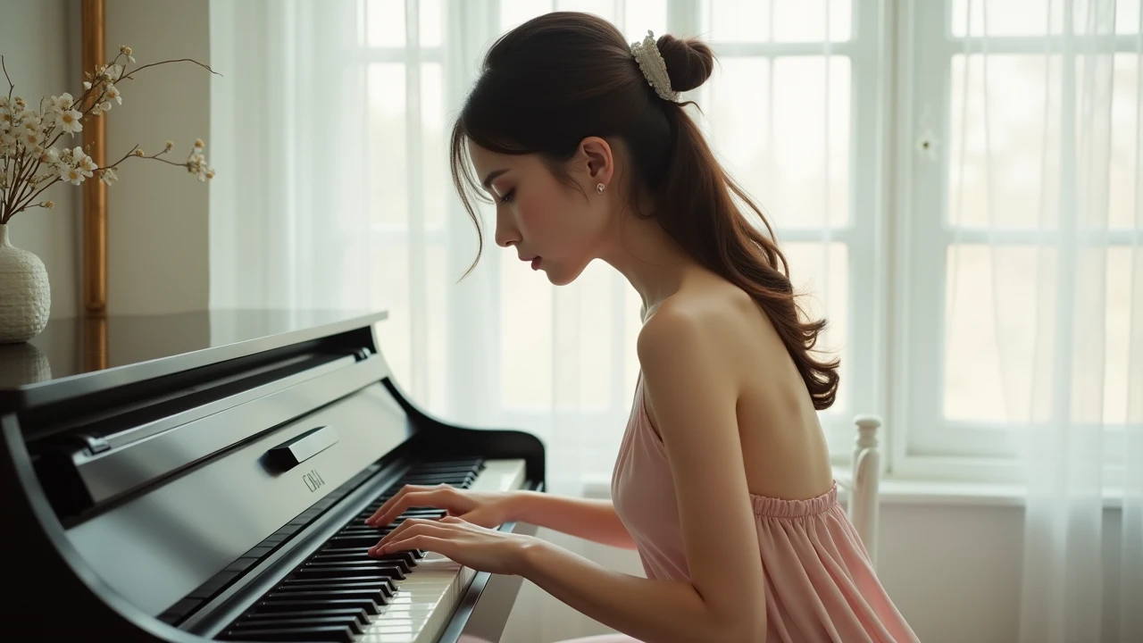 xxmixgirl,,Jing-Hao Zhang style, dark gray and light black, 8K resolution, Miho Hirano, character caricature, Albert Edelfeldt, playing the piano