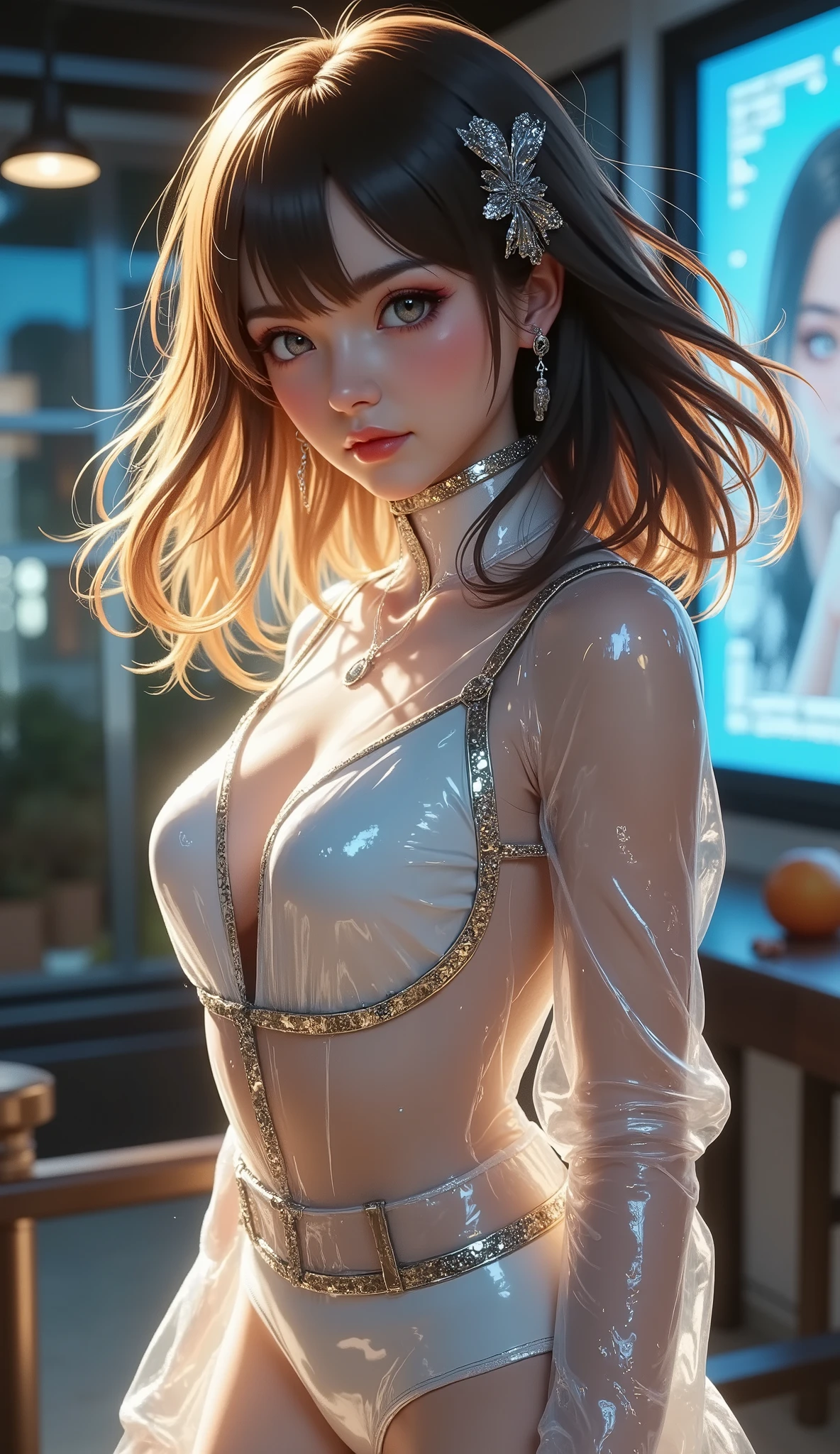 1girl,a beautiful fashion model ,(masterpiece, detailed background, best quality),short and shiny hair, red hair, hair with highlights, bangs, smirk,juicy lips,red lips, calmart, lingerie, stripping, elegant makeup, blue eyes, full body shot, (shiny skin), cyberpunk, sci fi, boa, extravagant jewelry, cocky expression, covered in jewelry, fancy, see through white dress, shiny skin, wet skin. running hand through hair, leaning on wall, hair flip, sweat, dj, lights, beat spins you round