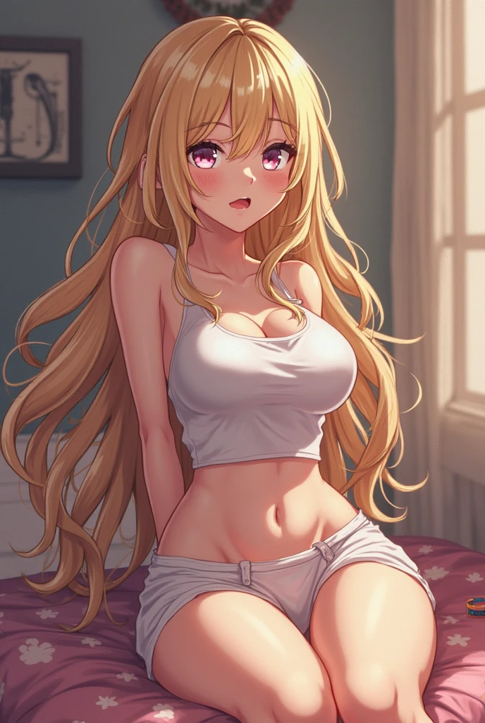 masterpiece, Highest quality, (1 beautiful girl :1.2), blonde, Straight hair, Fishtail Braid, 24-years-old, Medium chest, Standard weight, cardigan, Grin:1.3, Red nose :1.1, Drunk, close your eyes, In a hotel bed、Perplexed attitude、Remove shirt、Naked、Leg lift、pubic hair、vagina、Sweat、Leaking menstrual blood