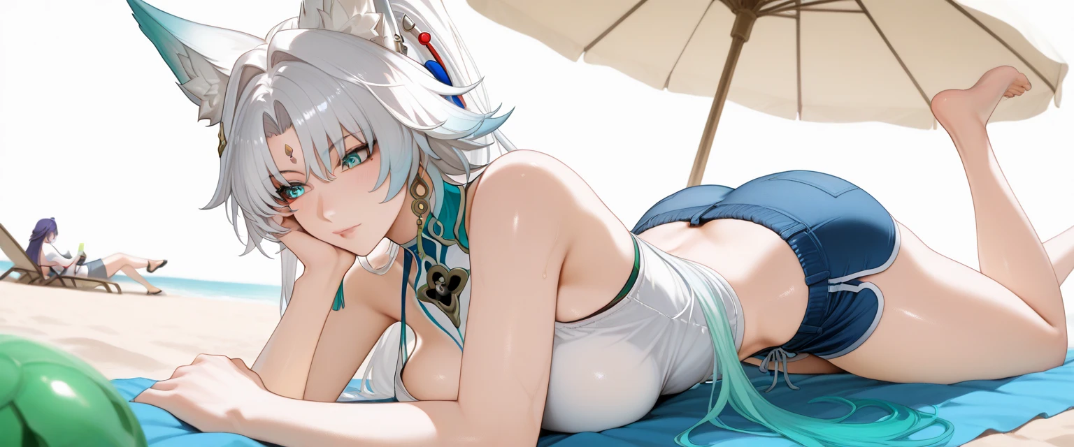 ((masterpiece)), (Highest quality), alone, Miosha 1, hair ornaments, ponytail, Wolf's tail, Swimwear, White shorts, Thigh straps, Black jacket, Leaf print, collar, String Bikini, (Browsing Caution:1.2)