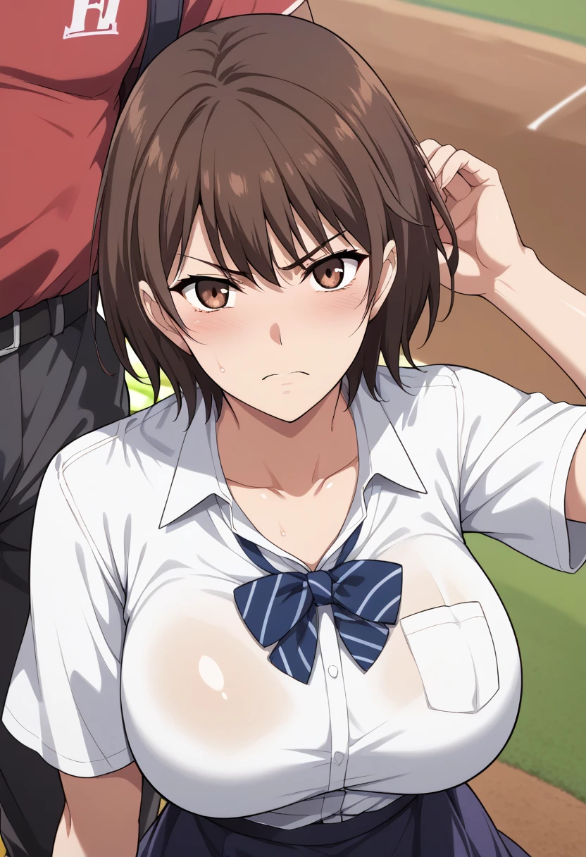 score_9, score_8_up, score_7_up, score_6_up, erika chiba, short hair, brown eyes, red hair, maroon eyes, BREAK (masterpiece:1.2), best quality, high resolution, (detailed eyes:1.3), perfect lighting, (perfect hands, perfect anatomy), hearts, pleasured, large breasts, sagging breast, wide hips, big ass, skin tight clothing, underboob, kneeling, cum on face, , red lipstick, dark skinned male, huge cock, cock in front of face, penis awe, shocked expression, gasping (cellulite:0.8), 1 female, high quality