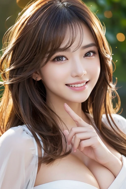 8K Super Resolution、Beauty、One Lady、Dark Brown Hair:1.1、Ultra-detailed face、Detailed lips、important、(Eyes meet)、double eyelid、Princess Eyes、 Beautiful Japanese Woman、Beautiful Japanese Woman、 Sensual lips、Bewitching body、Bust size 85cm、Girlfriend in her 20s、(21 years old)、far and near method、Smile with a beautiful smile、 Wearing a silk one-piece dress、Hair blowing in the wind、Sharp images、Fine sparkle in the eyes、In the background, maple leaves turn red during the autumn season、color々Hair style、Beautiful breasts、
