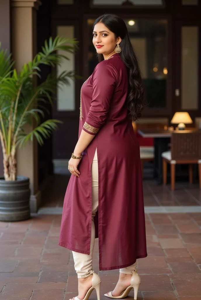 close up, (front focus), Beautiful Indian women, curvy, chubby women, ((waring maroon color silk kurta))), ((silk kurta and pant)), beautiful face, makeup, mesmerizing eyes, luscious lips, wavy hair, outside the house, in the garden, happy, ((front pose)), beautiful sexy body, ((good proportion)), seducing, realistic background, pose, chubby women, sharp front focus,