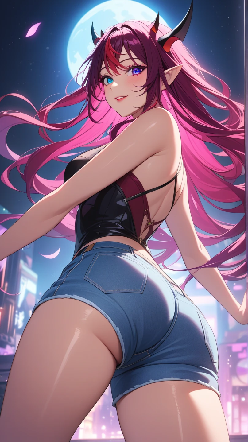 Sensual, ((pink long curly hair)), Thick thighs, 8k, 4k, best quality, high resolution:1.2), cute anime face, Noise reduction, ((shining blue eyes, gentle smile, kind eyes))、Toned abdominal muscles, muscular arms, muscular legs, youthful face, Anime eyes, (((big breasts、fair)))、(((SFW Giants)))、(((Rear view、I'I會轉身、Emphasize the buttocks、T-back digs deep into your hips)))、(((white thong)))