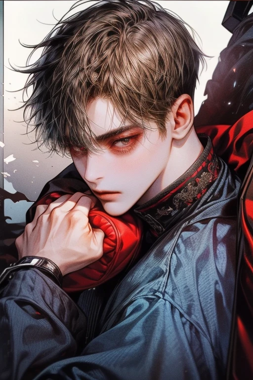 (half body), 1 man, duke, black hair, Black eyes, Strong body, Six pack, cold, blood spatter, Battlefield backdrop,