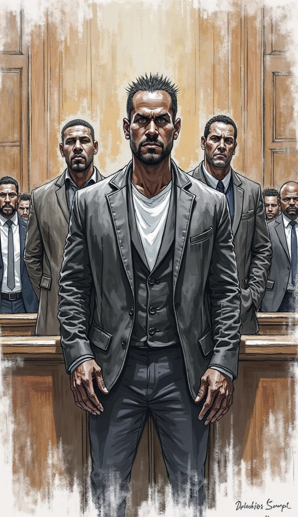 Several characters on the scene (a doctor, several muscular men). A doctor, exaggeratedly muscular, black and white hair, black eyes, scars across his mouth, swollen lips, masculine face, maniacal smile, obscene expression, sweaty, oily skin, huge chest, muscular thighs, huge biceps, wearing a white medical coat, rectangular glasses, black dress pants (fitting), black dress shoes. The doctor is in a dirty asylum (walls stained red), with several Zombie (muscular) men, naked backs, obscene expressions, caressing themselves in a sexy way.