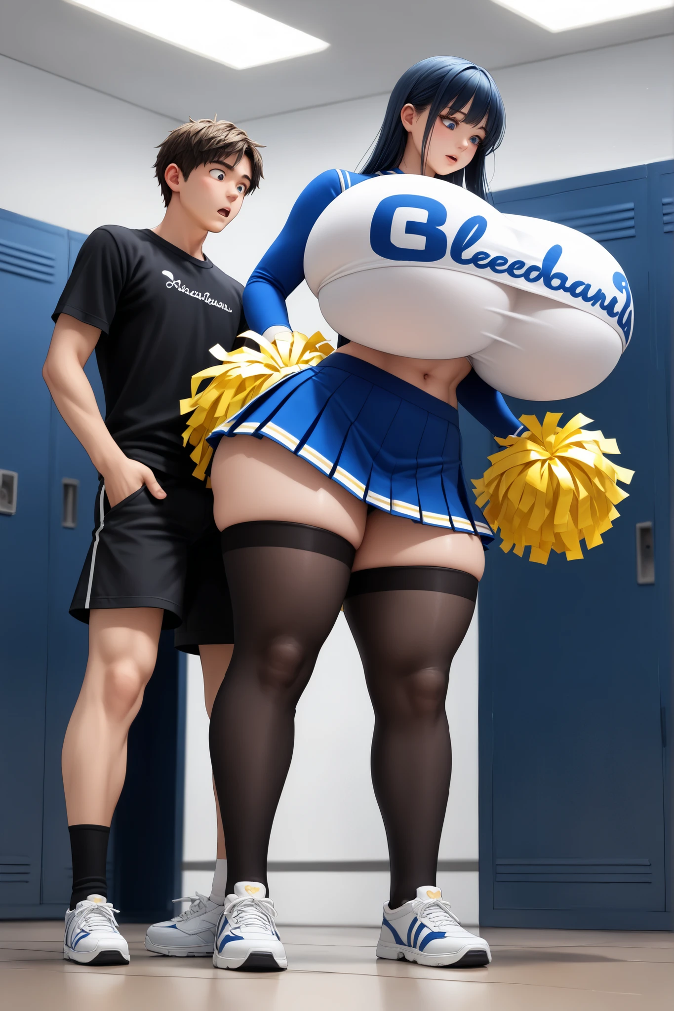 1girl 1boy, anime girl with long (dark blue) hair, she has (blue) eyes, she is wearing a (white) spandex crop top that says the word "cheer" on it in (yellow) letters. The top also has a heart-shaped keyhole neckline. She has a slim stomach and is wearing a super short (yellow) cheer skirt. She has very toned legs. She is wearing thigh high (black) stockings and (black) open toed shoes. (She has gigantic breasts:1.4), (she has extremely wide hips:1.3), (cheerleader:1.2), (she is looking down at a boy:1.2), (the boy is on his knees:1.3), (she is towering over the boy:1.3), (she is taunting the boy using her breasts:1.3), in boy's locker room. Tall girl