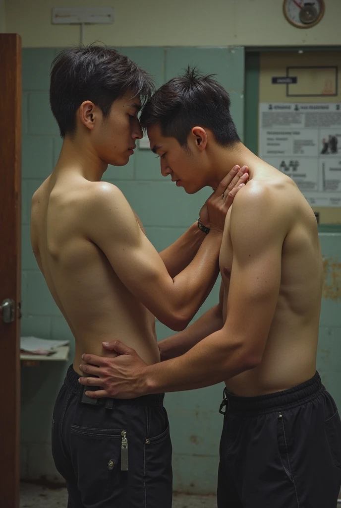 Young Thai--chinese man, 20 years old ,face like a ,white skin, brown hair, high nose,red lips , high definition face , wearing small basic men's underwear,Caught with hands tied behind a police officer's back, standing with policeman in the daytime.