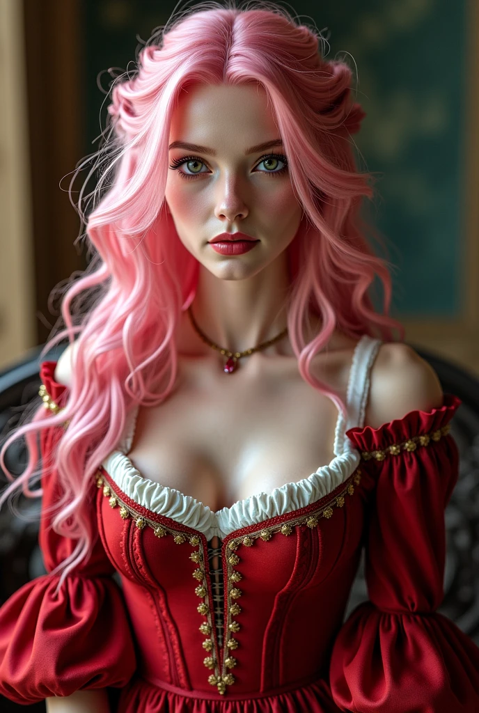 Masterpiece, best quality female, (French),(small breast), (very long curly pink volumetric hair:1.33), (white crinoline inside with red corset outside:1.33), (long red skirt:1.33), flat headband, (detailed beautiful hazel eyes:1.33), detailed blush smiling face, slim body, perfect anatomy, very cute, dynamic pose, showing some leg, perfect shading, dramatic lighting, rendered in 8K resolution for high-quality detail, trending on art station, concept art, smooth, sharp focus, in a saloon, highly detailed, soft natural volumetric, cinematic perfect light, intricate details