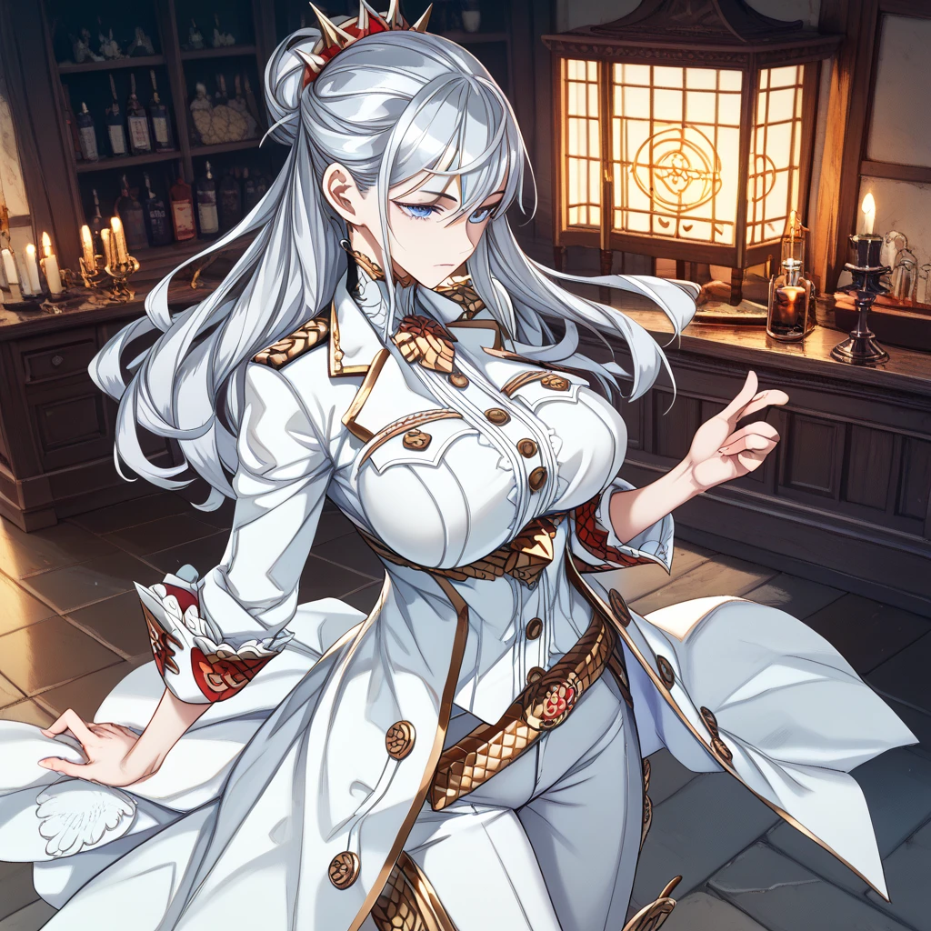 ((red eyes)), longfluffy silver hair, ((double braid hair)), ((asymmetrical bangs)),(((fantasy, europien medievel))), ((strong elegant body)), mature female elf, (fantasy black millitery clothes),(((dark military top hat))), jewelry, huge breast,
(beautiful detailed eyes:1.7), beautiful detailed symmetrical face, detailed hair, detailed fingers and hands, detailed body, detailed and intricate, hypermaximalist, hyper, super detailed, looking at the viewer, dynamic pose, body focus, wholy body is covert by clothes,
(((masterpiece))), (((best quality))), illustration,