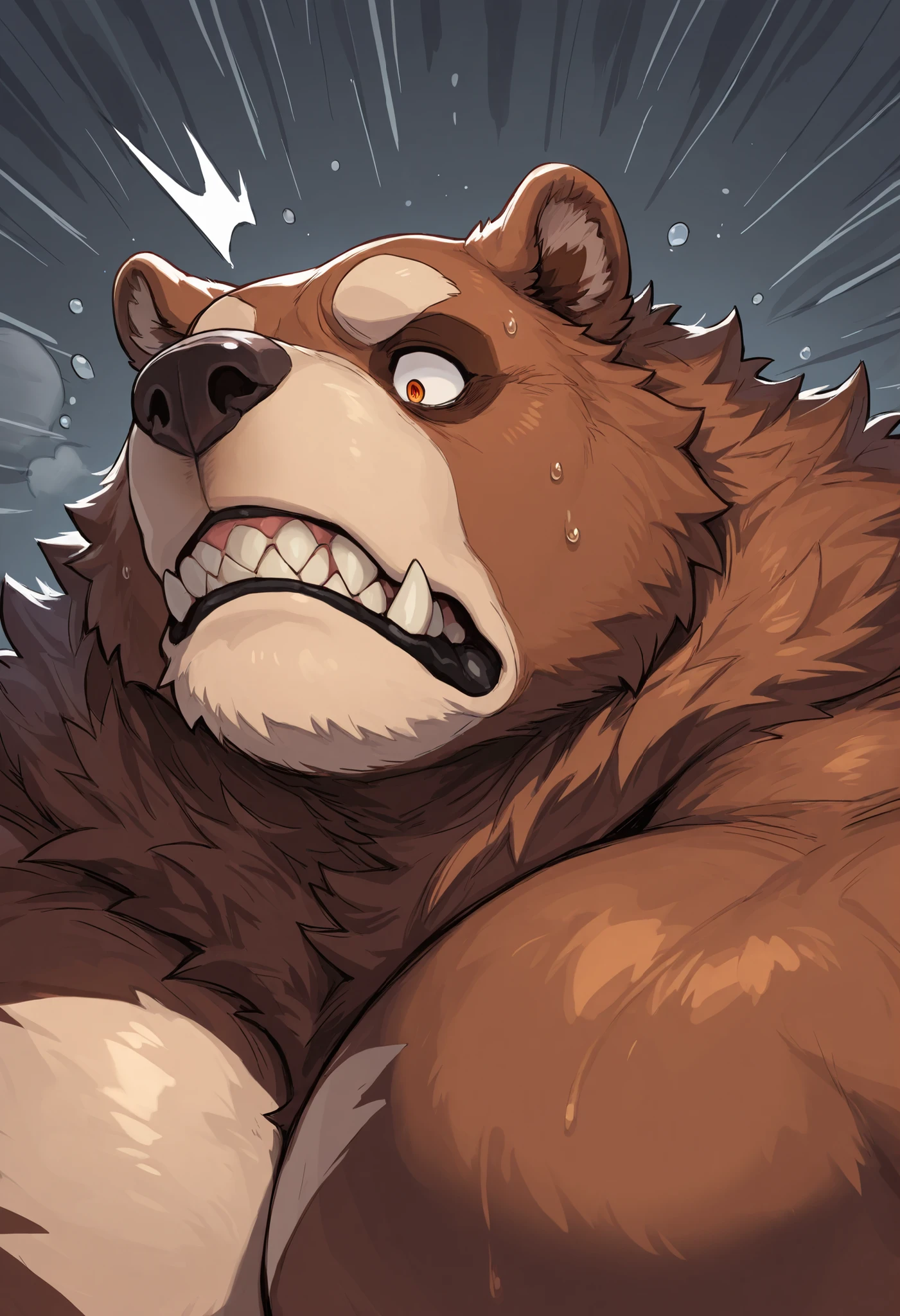 Dark Portrait: Obese Kodiak Bear; huge bulge; (fat muscular, kind, big muscles; brown fur); closed Mouth, tired expression, surprised, mega-obese Bear, detailed eyes, (sharp teeth); masterpiece, best quality, amazing quality,