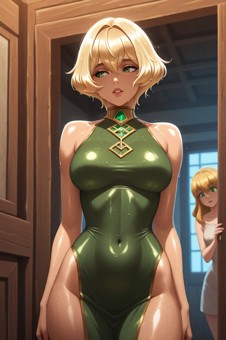 gorgeous woman, blonde undercut asymmetric bobcut, lesbian, green eyes, looking at camera, seductive, short severe dress, 1girl, boots
